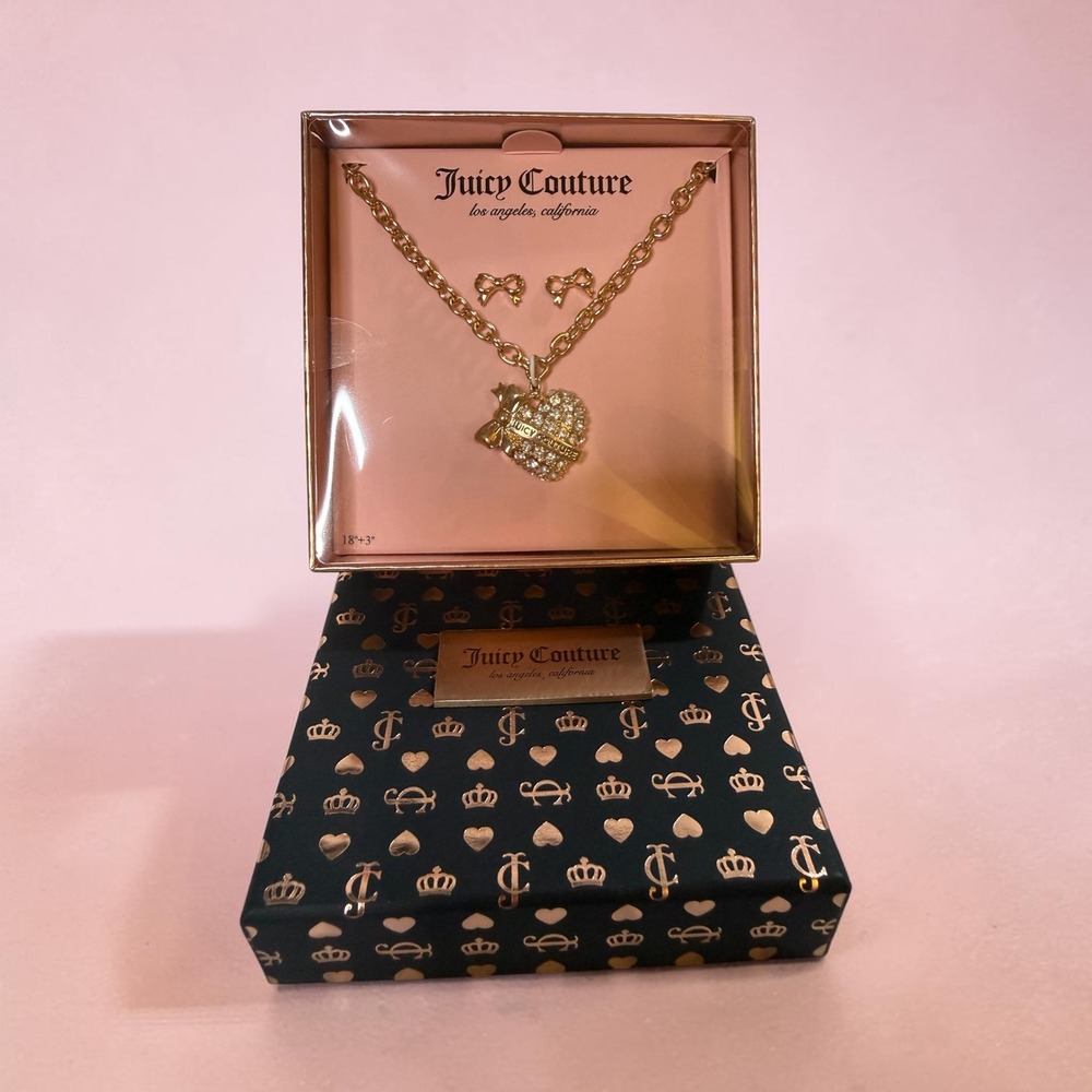Juicy Couture Gold Tone Crystal Pave Heart Bow Necklace and Stud Earring Set NIB